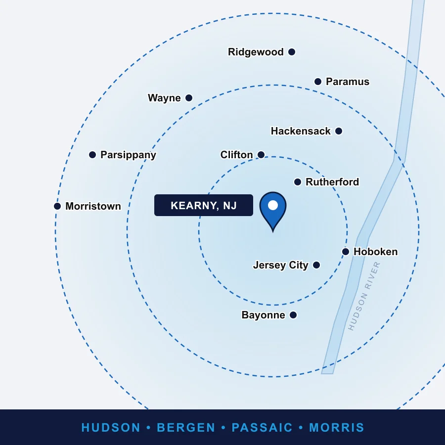 Map of the Neves Service area in North Jersey: Hudson, Bergen, Passaic and Morris counties, with Kearny, NJ at the center